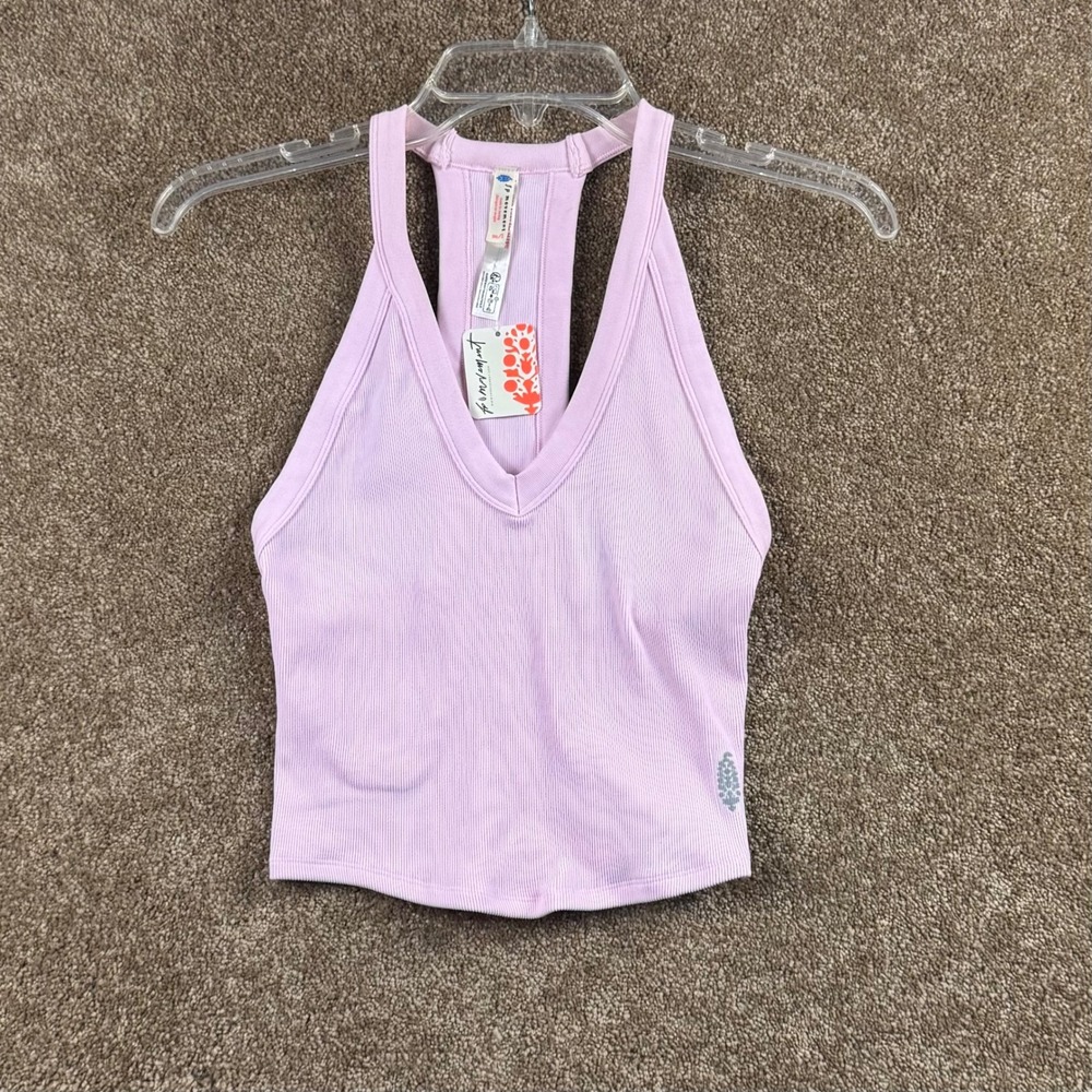 Free People FP Movement Happiness Runs Crop Tank Powder Pink Ribbed V-Neck M NEW